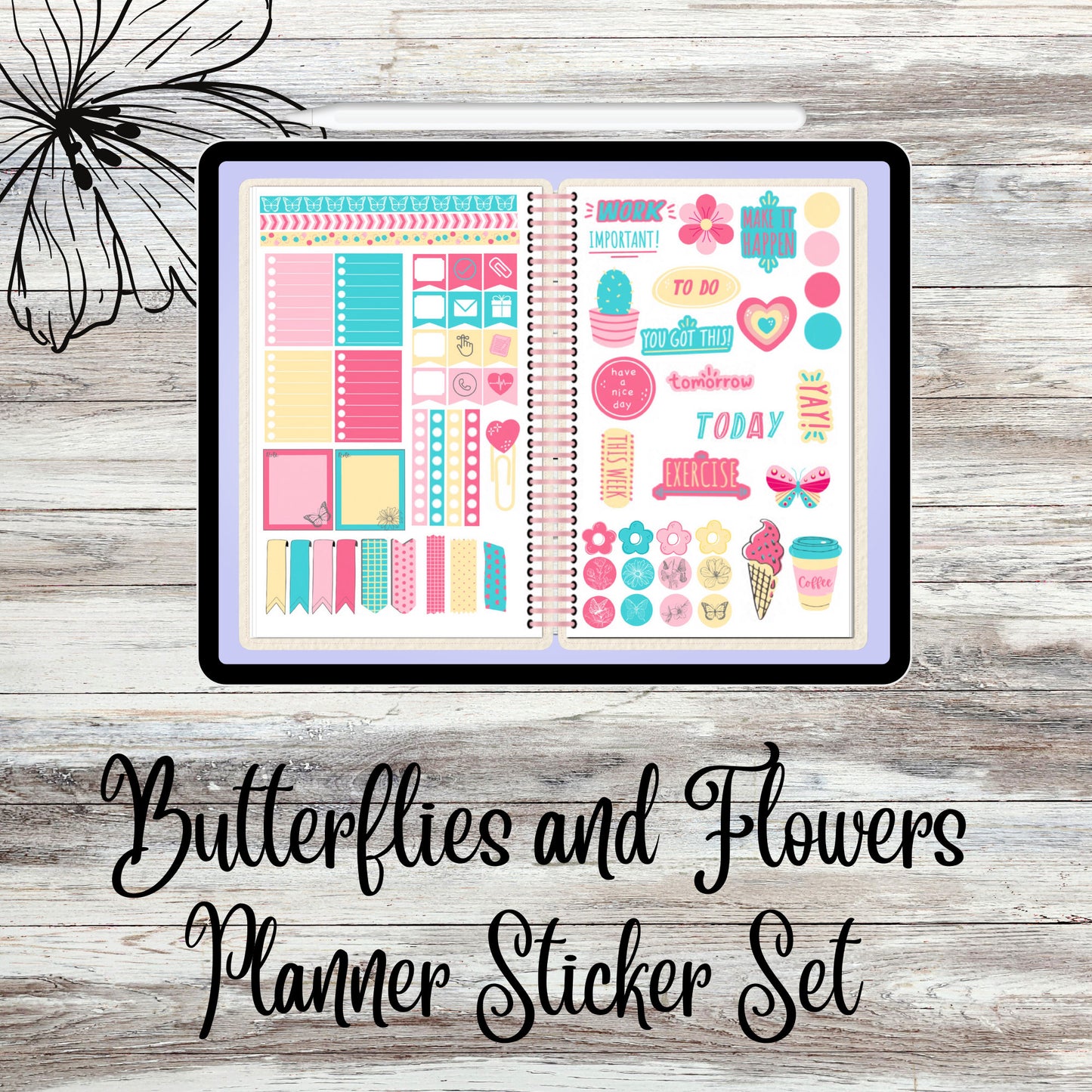 Butterflies and Flowers digital stickers - pink,yellow,teal blue. Pre-Cropped PNGs GoodNotes Files and Digital Planning