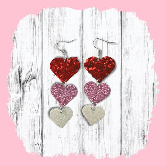 Triple Heart Glitter Faux Leather Earrings